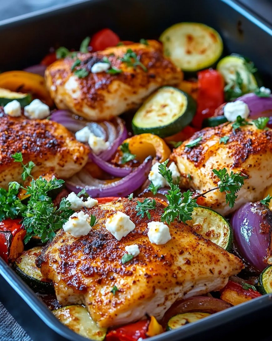 Titel: Hähnchen mit Paprika, Zucchini, Zwiebeln und Feta im Ofen - Rezepte