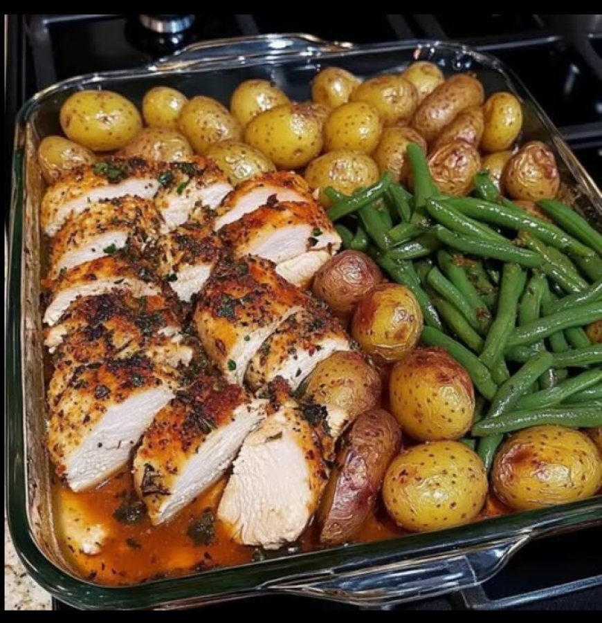 Hähnchen mit Knoblauch und Kräutern, Kartoffeln und grünen Bohnen aus ...